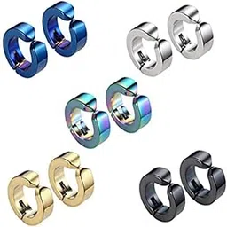 SV Non-Piercing Earrings Stainless Steel Huggie and Tiny Hoop Earrings Clip on Earring Set for Men Women Fake Gauges Earrings Black Silver-picture-20