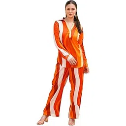 svamsa Retro Wave Co-Ord Set | Flame Print | Luxurious Stretch Satin | Loungewear Set |Satin Shirt with Full Sleeves | Satin Pants with Elasticated Waistband | Size XS-L | Two Piece Coord Set-picture-37