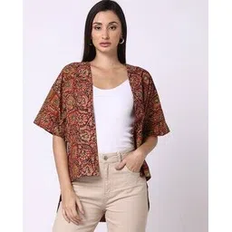 svrnaa by azorte Block Print High-Low Hem Shawl-Collared Shrug-picture-43