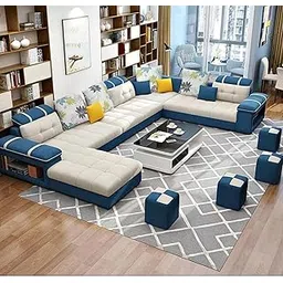 Swadeshi Furniture Modern U Shape Sectional Sofa | Luxury 10 Seater Living Room Sofa Set | Without Centre Table Long Seat Sofa Set for Home & Office (Blue & Light Grey) Pack of 1 (Wood)-picture-20