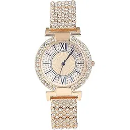 swadesi stuff Ladies Crystal-Studded Watch, Rose Gold Metal Band, 30mm Round Case, Roman Numerals for Women & Girls-picture-23