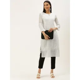 SWAGG INDIA Women White Ethnic Motifs Embroidered Keyhole Neck Chikankari Georgette Kurta-picture-22