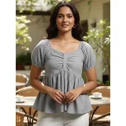 Swaggish Striped Puff Sleeve Cotton Peplum Top-picture-24