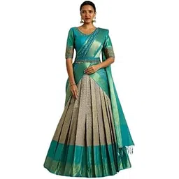 swami studio Women's Jacquard Semi-Stitched Lehenga choli (AK43) CREAM-FIROZI-picture-56