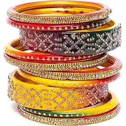 swara creations Lah/Lac bangles red,yellow and green color Set, LAHTHI Churi zircon work for Women and Girls(10pcs)-picture-50