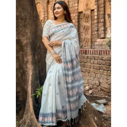 Swaraas Ethnic Motifs Linen Blend Handloom Saree-picture-18