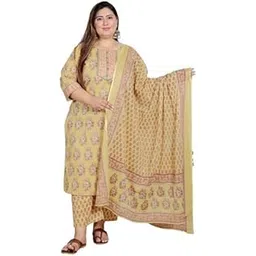swasti Women Plus Size Floral Print Pure Cotton Straight Kurta Yellow, Dupatta & Pant Set-picture-55