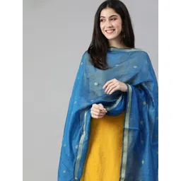 swatika Blue & Golden Ethnic Motifs Woven Design Bhagalpuri Dupatta-picture-14
