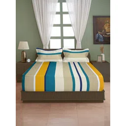 SWAYAM Beige & Teal Striped 210 TC Queen Bedsheet with 2 Pillow Covers-image-18