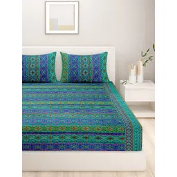 SWAYAM Blue & Green 180 TC Fine Cotton Queen Bedsheet with 2 Pillow Covers image 2