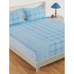 SWAYAM Blue & White Geometric 250 TC Cotton 1 Queen Bedsheet with 2 Pillow Covers-picture-30