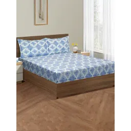 Swayam Dona Geometric Blue 160 TC Cotton King Bedsheet with 2 Pillow Covers-picture-10