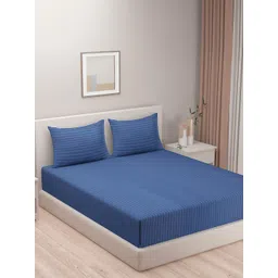 SWAYAM Essentials Navy Blue Striped 144 TC Flat Queen Bedsheet With 2 Pillow Covers-picture-35
