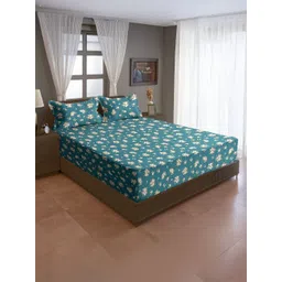 SWAYAM Off White & Teal Floral 210 TC Queen Bedsheet with 2 Pillow Covers-image-19