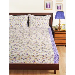 SWAYAM Purple & Off-White Floral Flat 160 TC Cotton 1 King Bedsheet with 2 Pillow Covers-picture-31