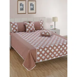 SWAYAM Set Of 5 Brown & White Ethnic Motifs 120TC Pure Cotton Bed Cover With Pillow & Cushion Covers-picture-30