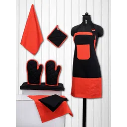 SWAYAM Unisex Set of 8 Black & Orange Cotton Solid Kitchen Linen Set-picture-39