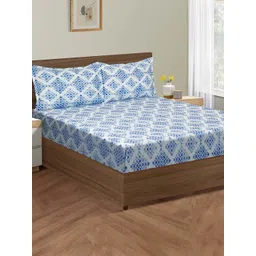 SWAYAM Veda Blue & White Geometric Cotton 160 TC Fitted King Bedsheet & 2 Pillow Covers-picture-14
