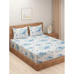 SWAYAM Vedda Cream-Coloured & Blue Floral Cotton 160 TC King Bedsheet with 2 Pillow Covers-picture-40