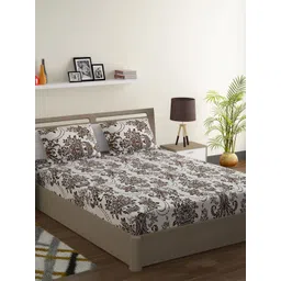 SWAYAM White & Brown Ethnic Motifs 120 TC Cotton 1 Queen Bedsheet with 2 Pillow Covers-picture-33