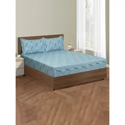 SWAYAM Zinnia Blue Geometric Cotton 250 TC Fitted King Bedsheet With 2 Pillow Covers-picture-13