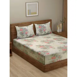 Swayam Zinnia Pink & Beige Floral Design 250TC Cotton Satin Double Bedsheet Set-picture-13