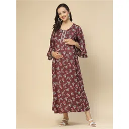 Sweet Dreams Brown Floral Printed Bell Sleeves Pleated Maternity A-Line Midi Dress-picture-20