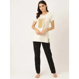Sweet Dreams Cream & Black Cotton Graphic Print T-Shirt Pyjama Set-picture-32