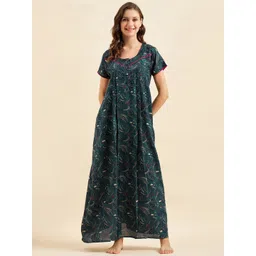 Sweet Dreams Green & Pink Printed Pure Cotton Maxi Nightdress-picture-40
