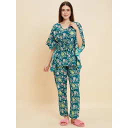 Sweet Dreams Green Cotton Floral Print Kaftan Pyjama Set image 1