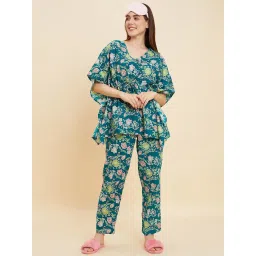 Sweet Dreams Green Cotton Floral Print Kaftan Pyjama Set image 3