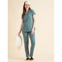 Sweet Dreams Green Cotton Printed Shirt Pyjama Set-picture-37