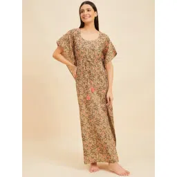Sweet Dreams Light Green Cotton Floral Print Kaftan Nighty-picture-10