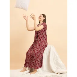 Sweet Dreams Maroon Floral Printed Pure Cotton Maxi Nightdress-picture-11