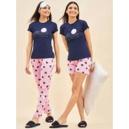 Sweet Dreams Navy & Pink Cotton Printed T-Shirt With Pyjama & Shorts Set-picture-26
