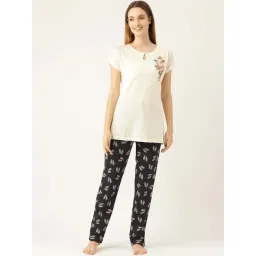 Sweet Dreams Off-White & Black Cotton Printed T-Shirt Pyjamas Set-picture-15
