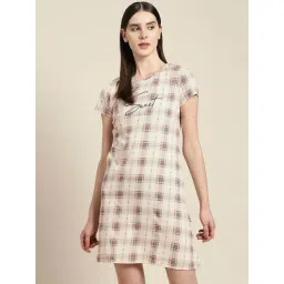 Sweet Dreams Off-White & Mauve Cotton Chequered Short Nighty-picture-38