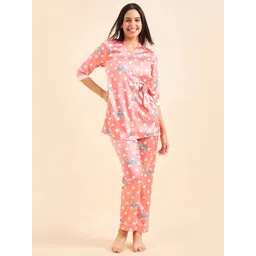 Sweet Dreams Peach Colored Polka Dot Printed Satin Night suits-image-26