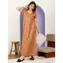 Sweet Dreams Peach Cotton Floral Night Dress-image-22