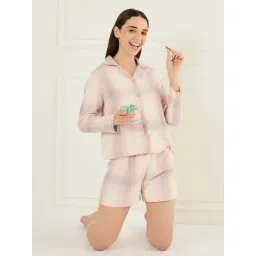 Sweet Dreams Peach Cotton Relaxed Fit Checks Night Suit-image-24