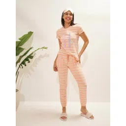 Sweet Dreams Peach Cotton Striped T-Shirt & Pyjama Set-image-34