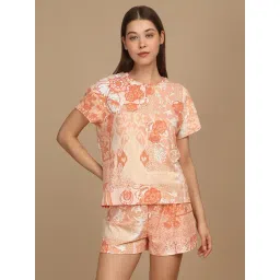 Sweet Dreams Peach Polyester Floral Short sleeve T-Shirt and Short-image-3