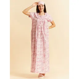 Sweet Dreams Pink Ethnic Motifs Printed Square Neck Pure Cotton Maxi Nightdress-picture-44