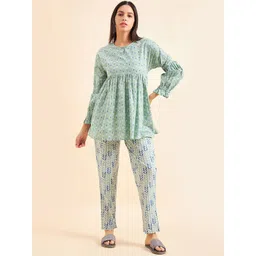Sweet Dreams Sea Green & Blue Printed Pure Cotton A-Line Top & Trousers-picture-11