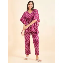 Sweet Dreams Wine Cotton Printed Kaftan Pyjama Set-picture-41