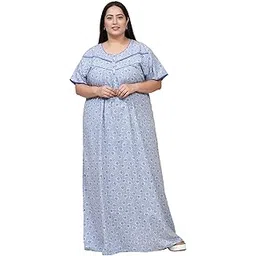 sweet dreams Women Floral Print Half Sleeves Cotton Blend Maxi Nightdress Blue-picture-24