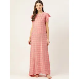 Sweet Dreams Women Peach-Coloured Checked Maxi Nightdress-picture-26