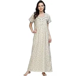 sweet dreams Women Printed Off White Half Sleeves Pure Cotton Maxi Nightdress-picture-50