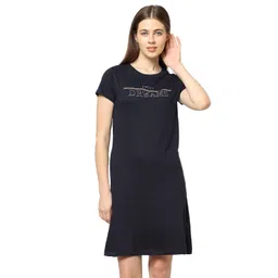 sweet dreams Women Solid Round Neck Half Sleeve Black Cotton Short Nighty image 1