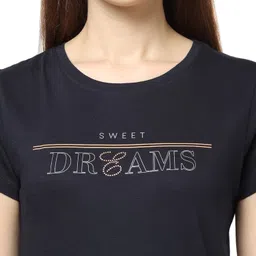 sweet dreams Women Solid Round Neck Half Sleeve Black Cotton Short Nighty image 4